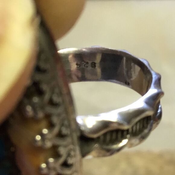 Ring, Statement Turquoise & Spiny Oyster Ring, Sterling Silver Ring, size 5, Han - Picture 6 of 8